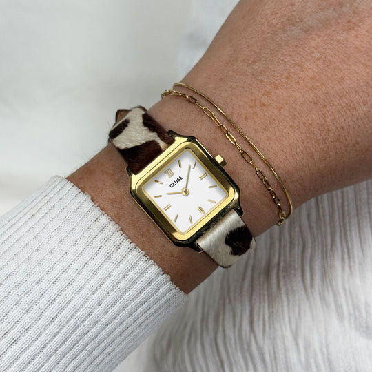CLUSE Strap 14 mm Cow Print Leather, Gold Colour CS12118 - Strap on wrist