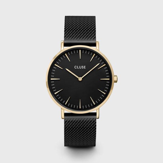 CLUSE Gift Box Boho Chic Mesh Black and Steel Strap, Gold Colour CG14701 - watch frontal