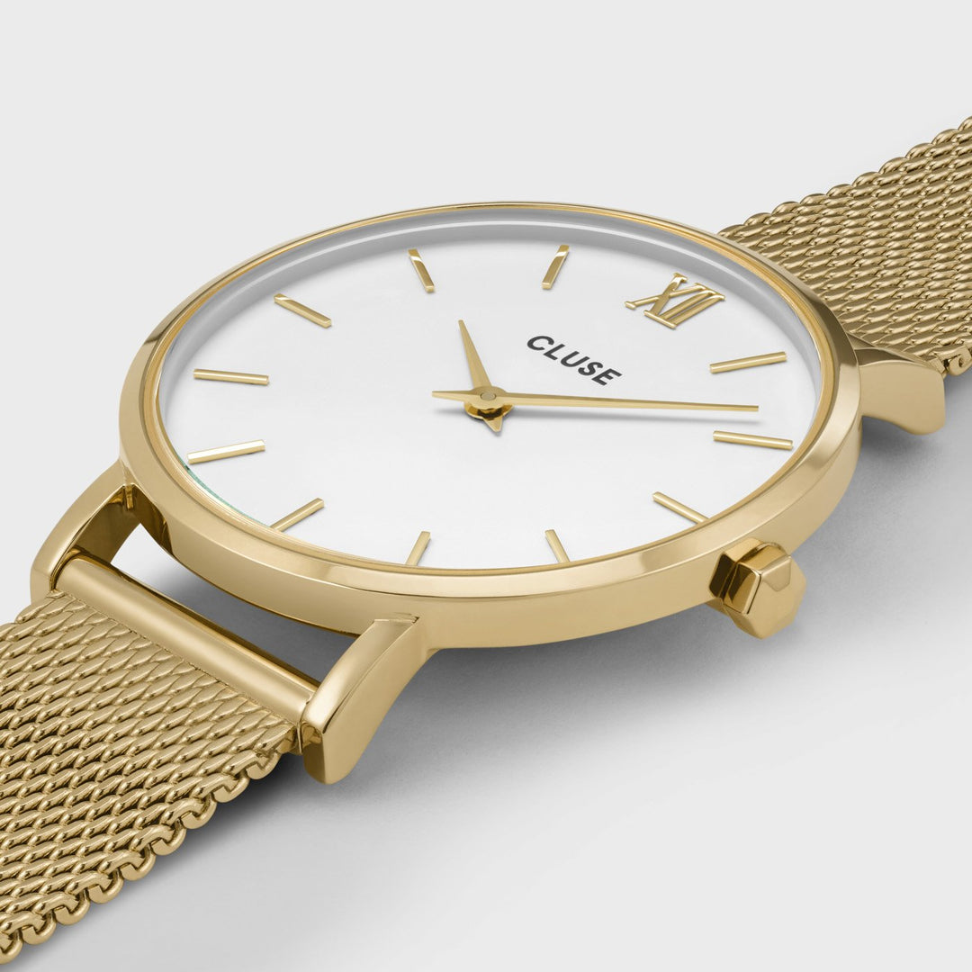 Gift Box Minuit Watch Mesh & Grey Leather Strap, Gold Colour