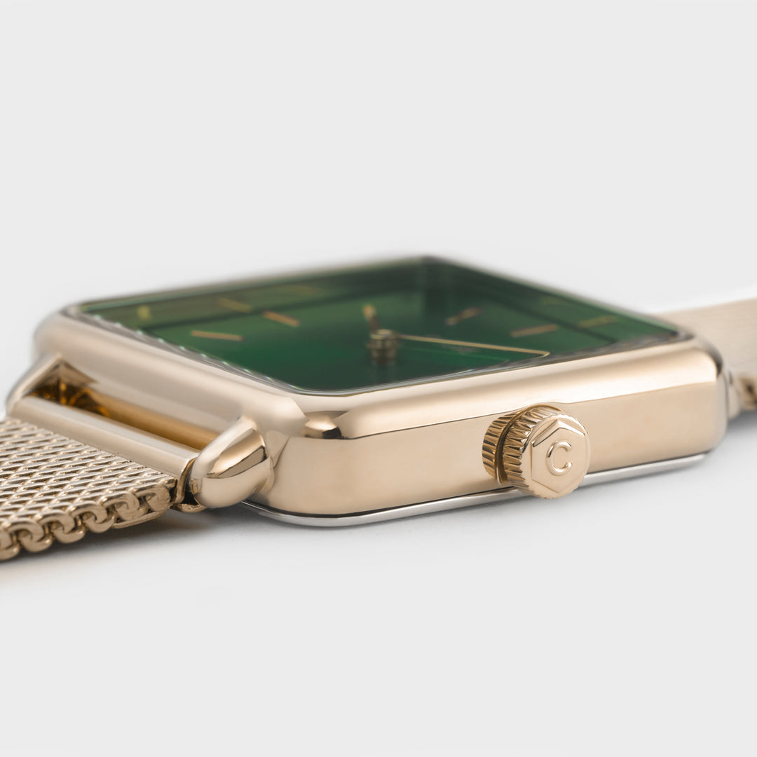 Giftbox La Tétragone Watch Mesh, Green & Chain Bracelet Daisy, Gold Colour CG10115 - Watch case detail