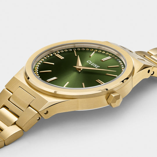 Vigoureux Watch Steel, Green Stones, Gold Colour