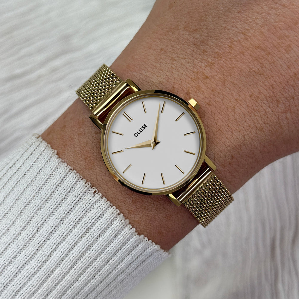 CLUSE Boho Chic Petite Mesh, Gold, White CW0101211001 - Watch on wrist