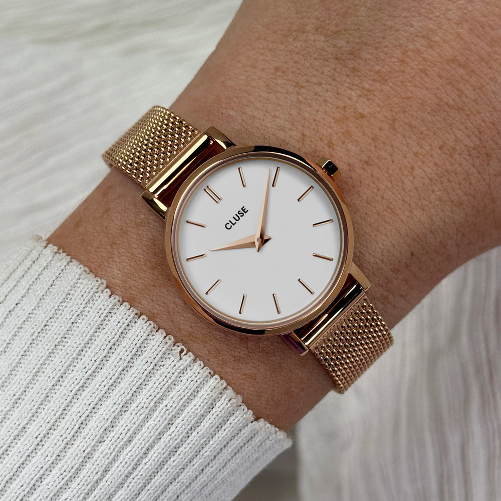 CLUSE Boho Chic Petite Mesh, Rose Gold, White CW0101211003 - Watch on wrist