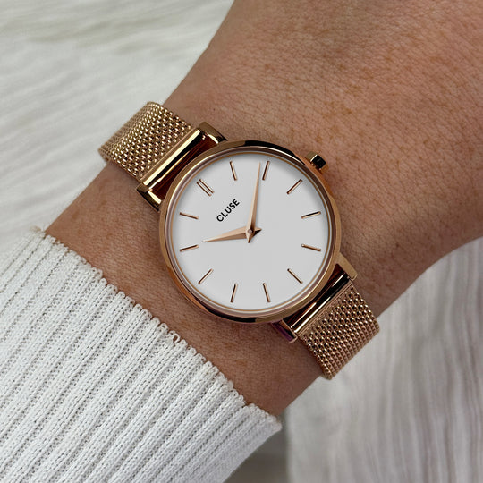 CLUSE Boho Chic Petite Mesh, Rose Gold, White CW0101211003 - Watch on wrist