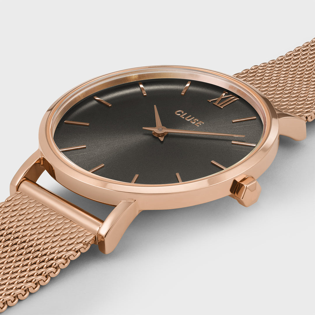 CLUSE Minuit Mesh Grey, Rose Gold CW10207 - Watch case detail.