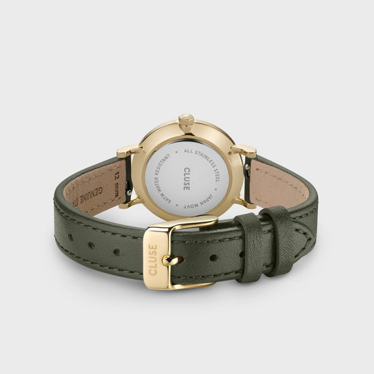 CLUSE Gift Box Boho Chic Petite Leather Dark Green and Mesh Strap, Gold Colour CG10502 - watch back