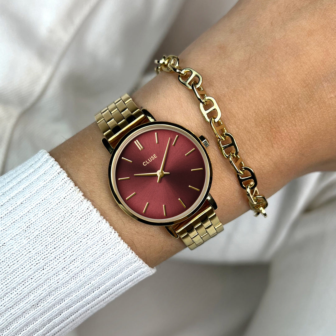 CLUSE Boho Chic Petite Steel, Dark Cherry, Gold Colour CW10505 - wristshot