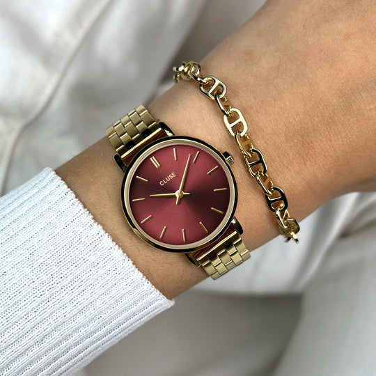 CLUSE Boho Chic Petite Steel, Dark Cherry, Gold Colour CW10505 - wristshot