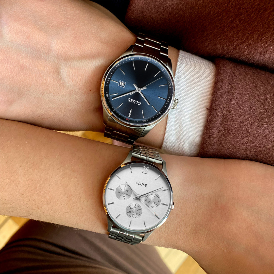 CLUSE Anthéor Silver/Blue CW20903 & CLUSE Minuit Multifunction Silver CW10703- influencer wristshot picture