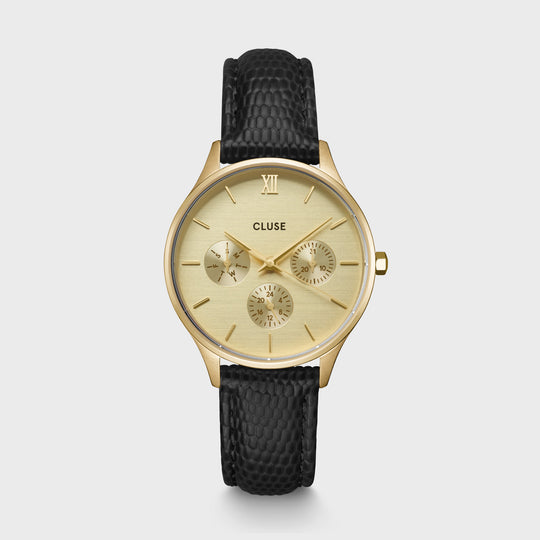 CLUSE Minuit Multifunction Watch Leather, Black Lizard, Gold Colour CW10705 - front image