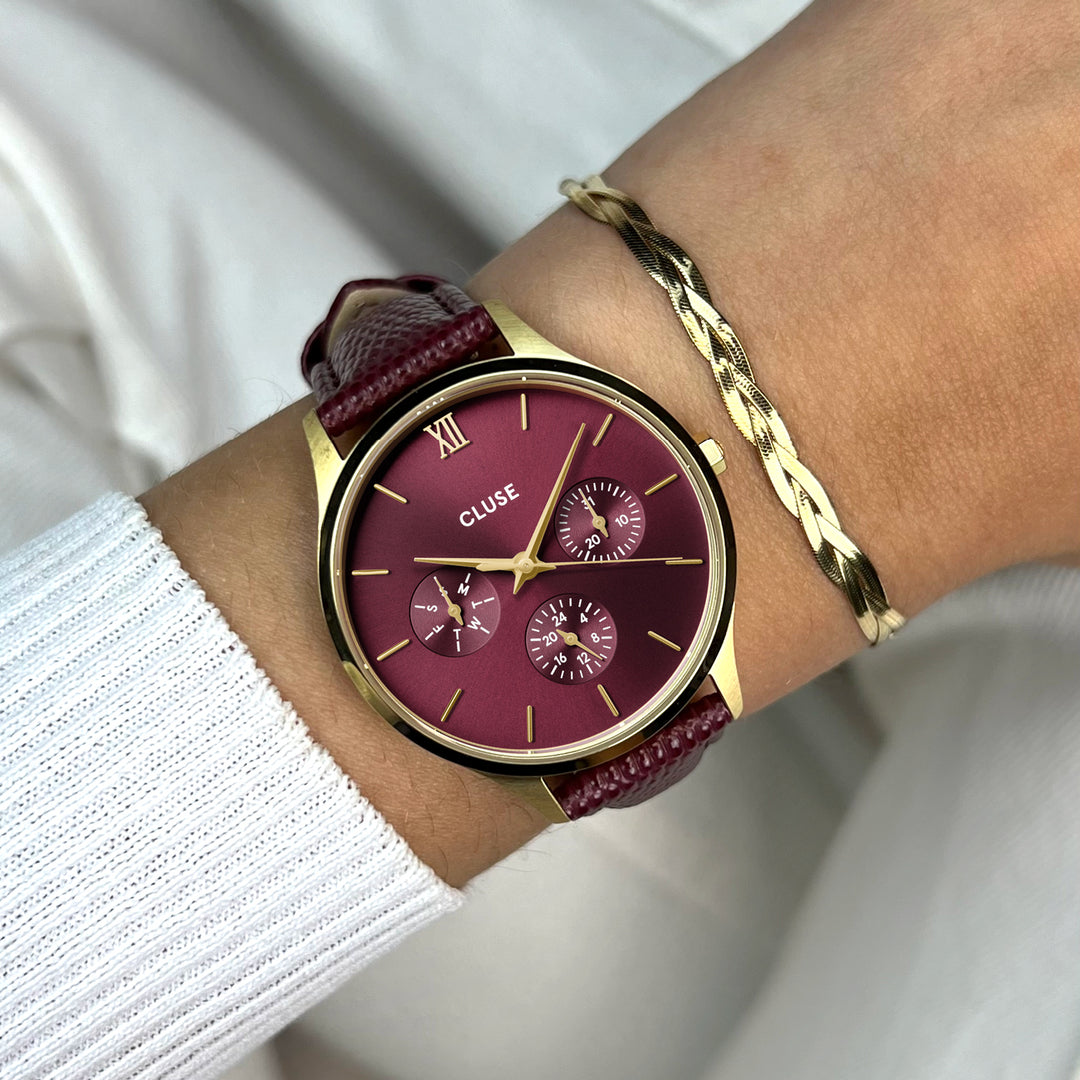 CLUSE Minuit Multifunction Watch Leather, Dark Cherry Lizard, Gold Colour CW10706 - wristshot