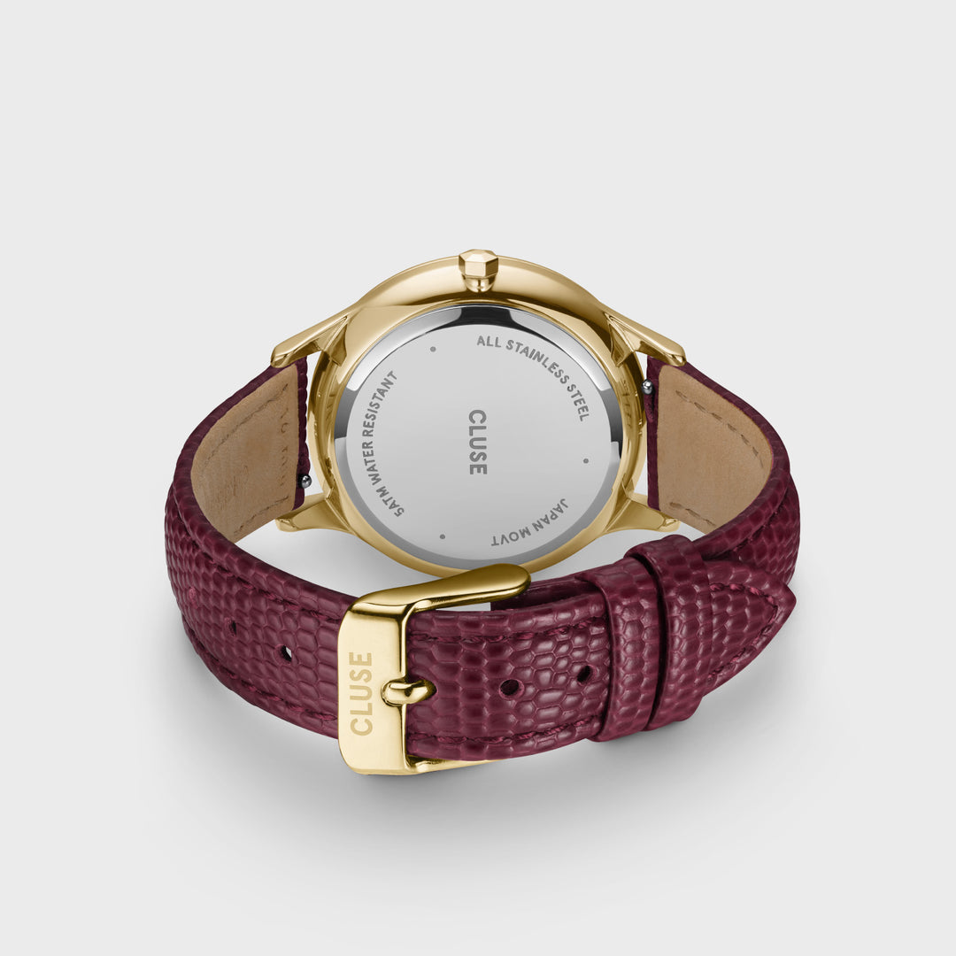 CLUSE Minuit Multifunction Watch Leather, Dark Cherry Lizard, Gold Colour CW10706 - back image