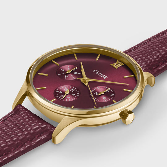 CLUSE Minuit Multifunction Watch Leather, Dark Cherry Lizard, Gold Colour CW10706 - detail image