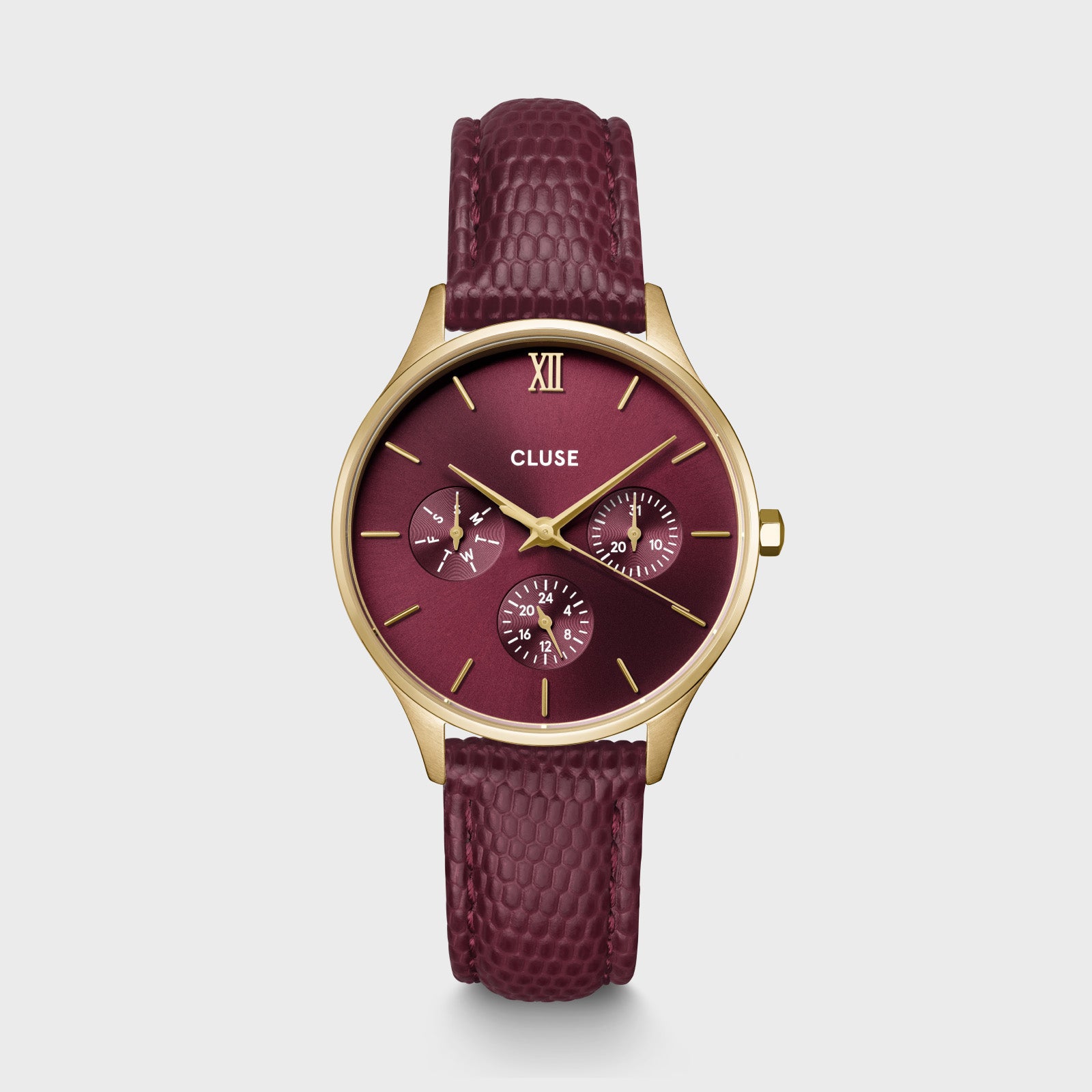 CLUSE Minuit Multifunction Watch Leather, Dark Cherry Lizard, Gold Colour CW10706 - watch