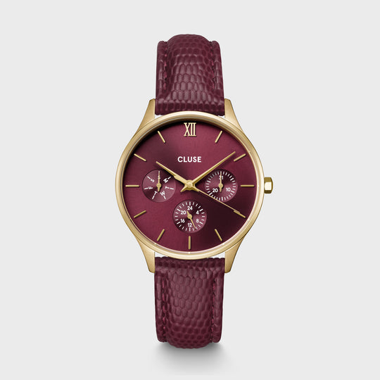 CLUSE Minuit Multifunction Watch Leather, Dark Cherry Lizard, Gold Colour CW10706 - front image