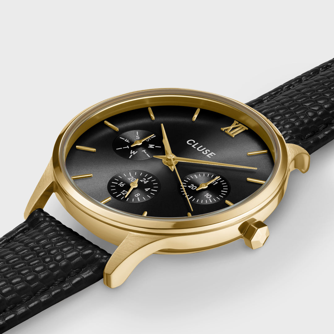 CLUSE Minuit Multifunction Black Watch Leather, Black Lizard, Gold Colour CW10708 - detail image