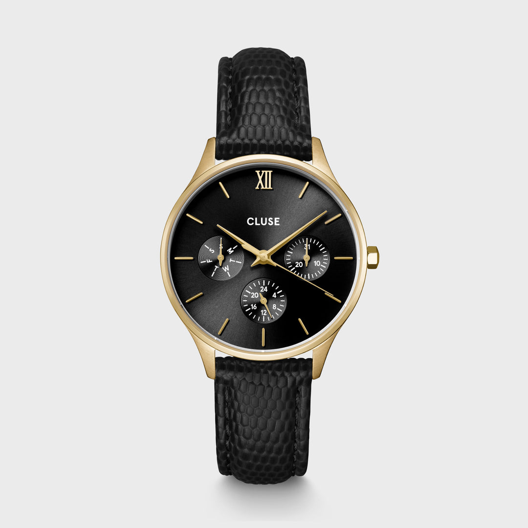 CLUSE Minuit Multifunction Black Watch Leather, Black Lizard, Gold Colour CW10708 - front image