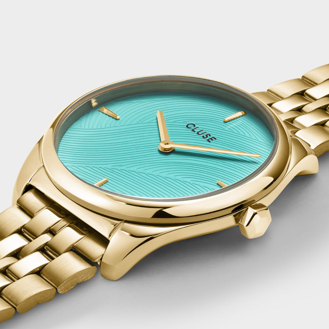 Féroce Petite Watch Steel, Leaf Texture Pool Blue, Gold Colour CW11220 - watch detail.