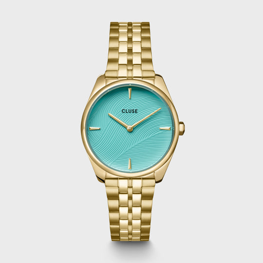 Féroce Petite Watch Steel, Leaf Texture Pool Blue, Gold Colour CW11220 - watch frontal.