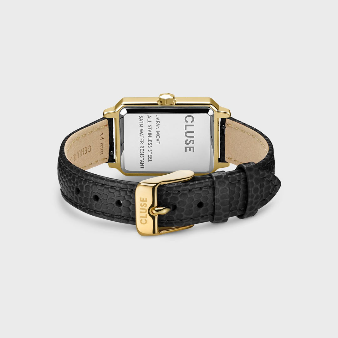 CLUSE Gift Box Fluette Leather Black Watch and Cuban Chain Bracelet, Gold Colour CG11504 - watch back
