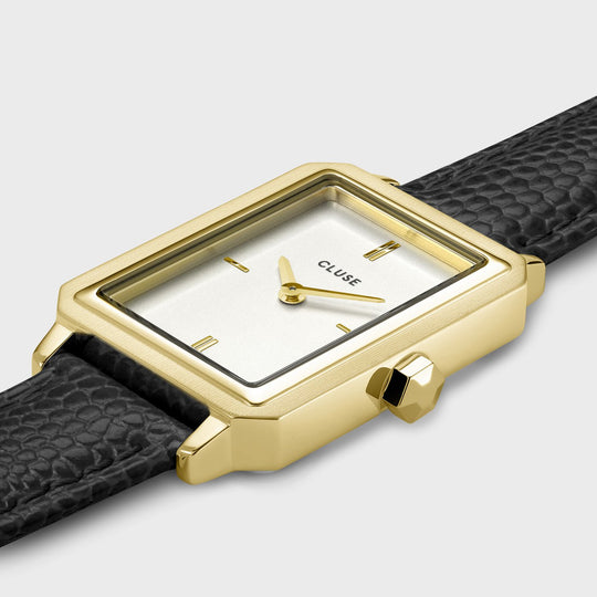 CLUSE Gift Box Fluette Leather Black Watch and Cuban Chain Bracelet, Gold Colour CG11504 - watch detail