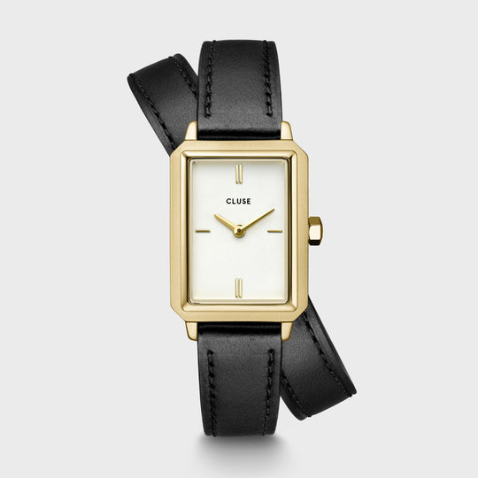 CLUSE Fluette Watch Double Leather Black, Gold Colour CW11513 - frontal image