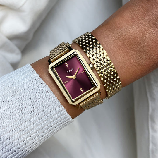CLUSE Fluette Watch Double Steel, Wine, Gold Colour CW11516 - Watch on wrist