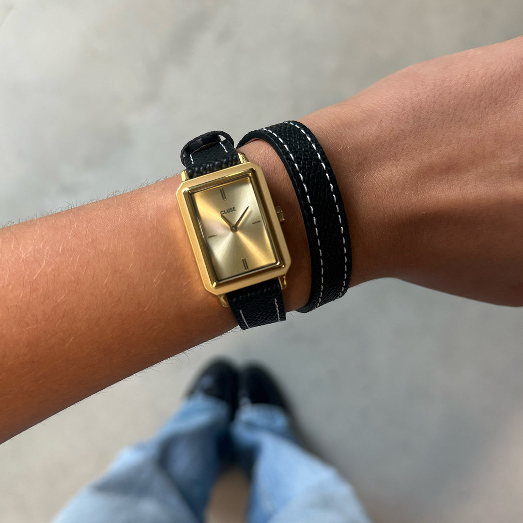 CLUSE Fluette Watch Double Leather, Black, Full Gold Colour CW11517 - Watch on influencer