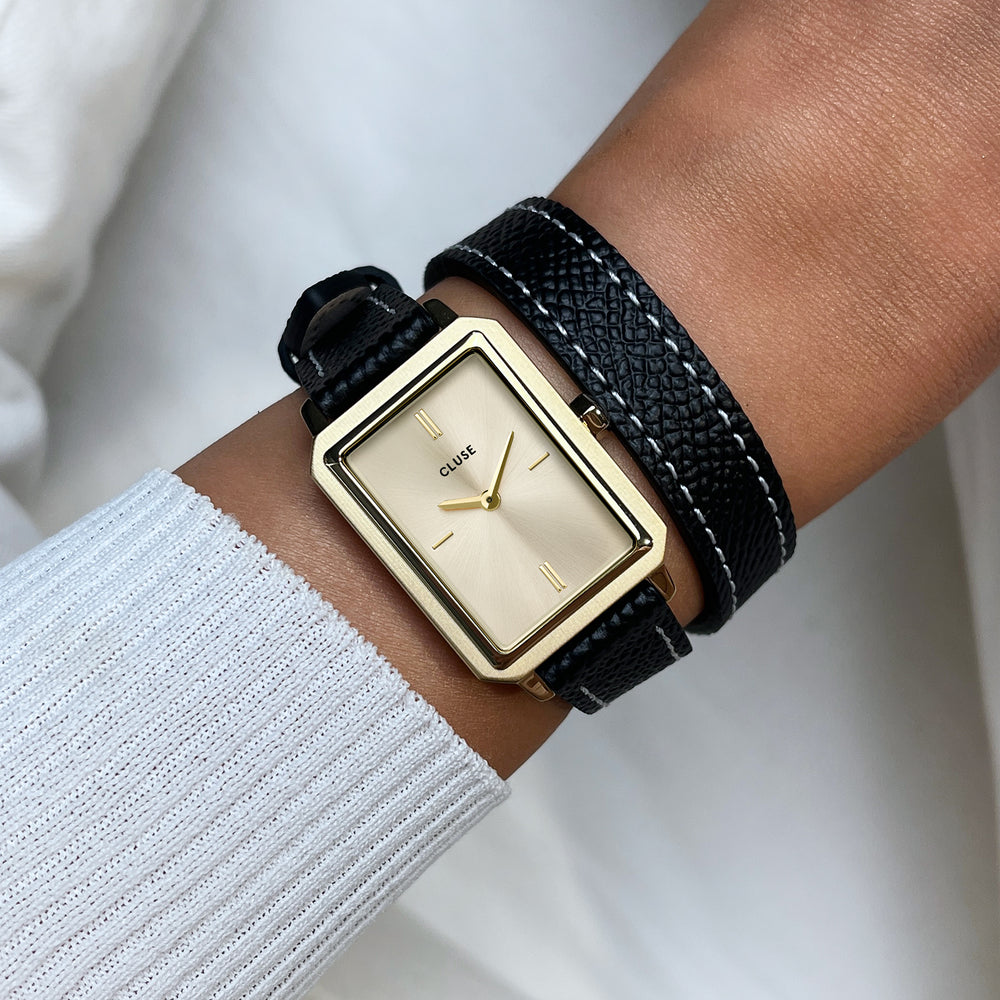CLUSE Fluette Watch Double Leather, Black, Full Gold Colour CW11517 - Watch on wrist