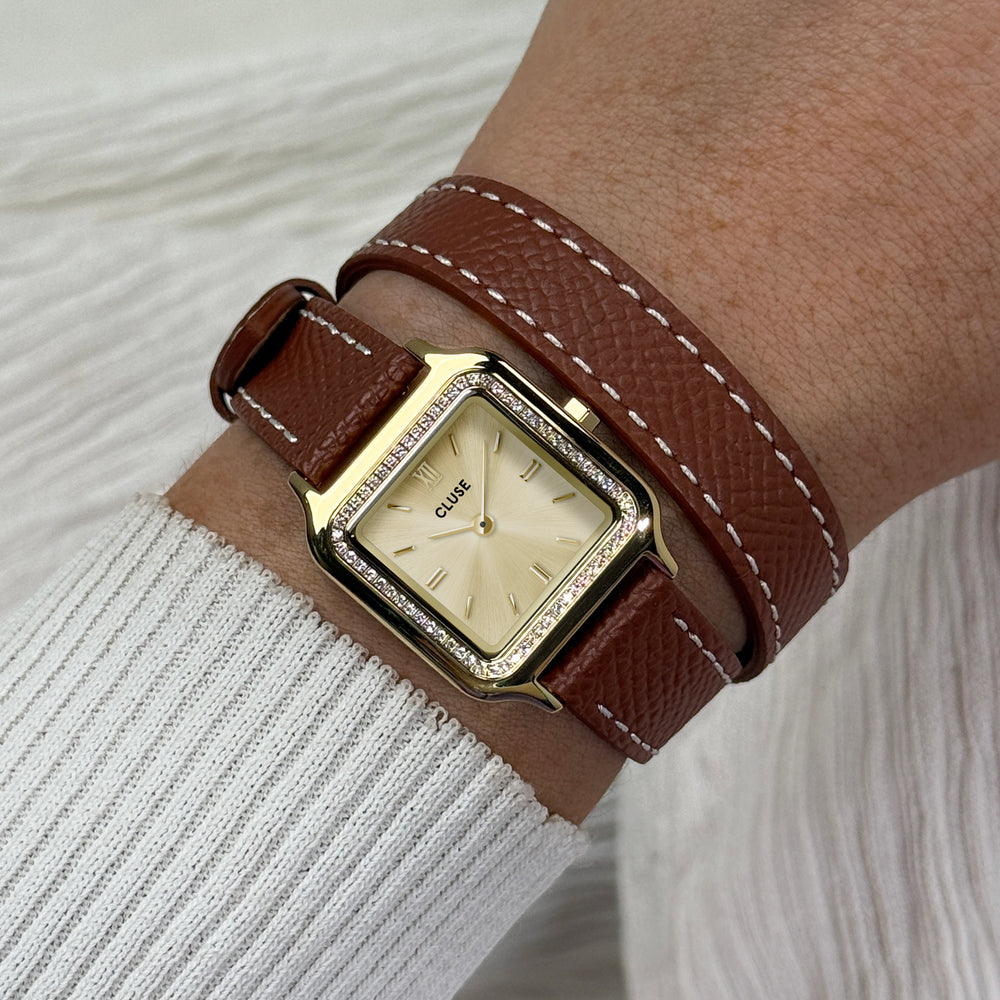 CLUSE Gracieuse Petite Watch Double Leather, White stones, Nutshell, Full Gold Colour CW11821 - Watch on wrist