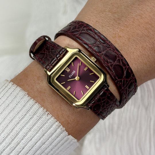CLUSE Gracieuse Petite Watch Double Crocodile Leather, Wine, Gold Colour CW11822 - Watch on wrist