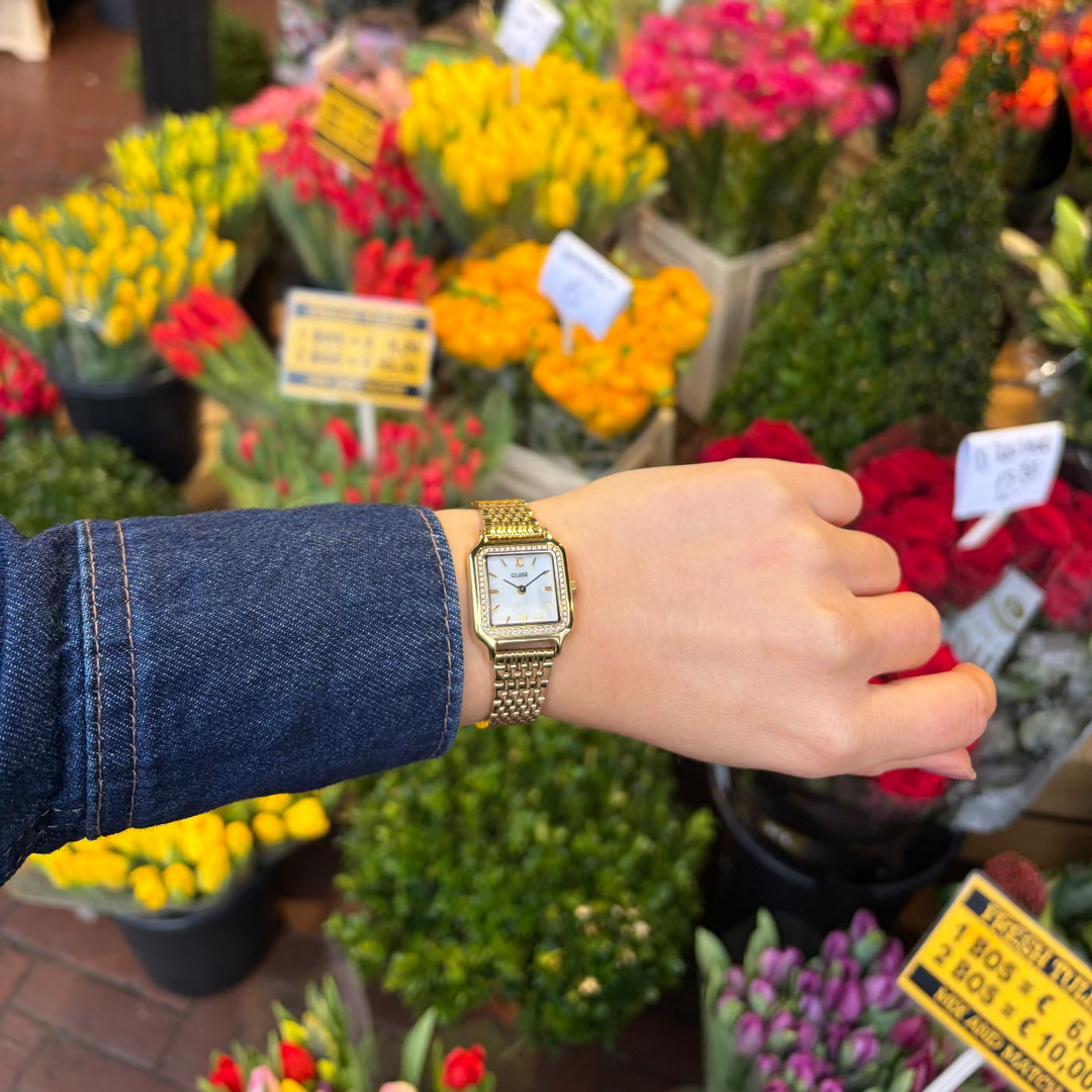 CLUSE Gracieuse Petite Watch Steel, Glass Pearls, White MOP, Gold Colour CW11826 - Watch on model