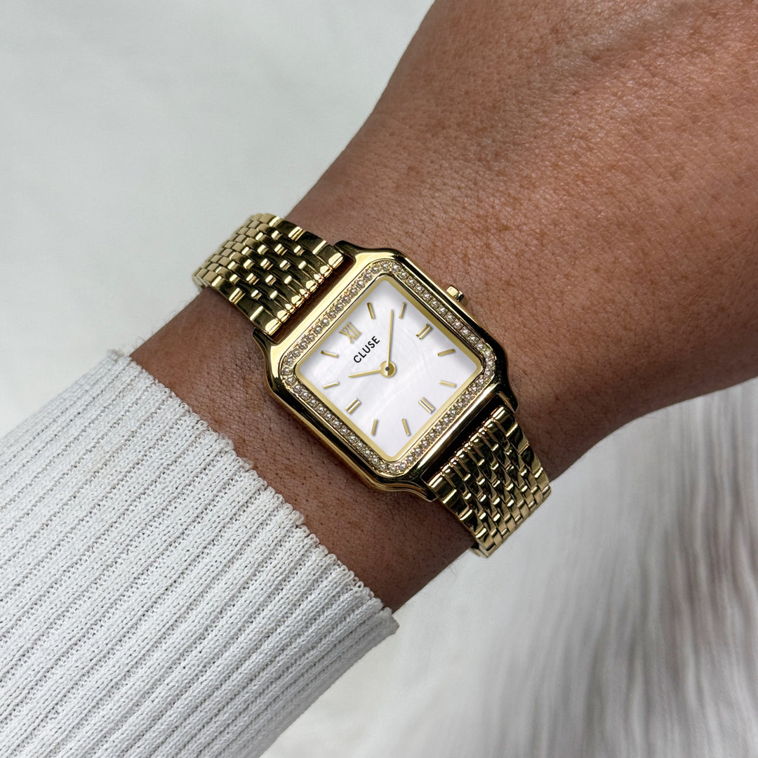 CLUSE Gracieuse Petite Watch Steel, Glass Pearls, White MOP, Gold Colour CW11826 - Watch on wrist