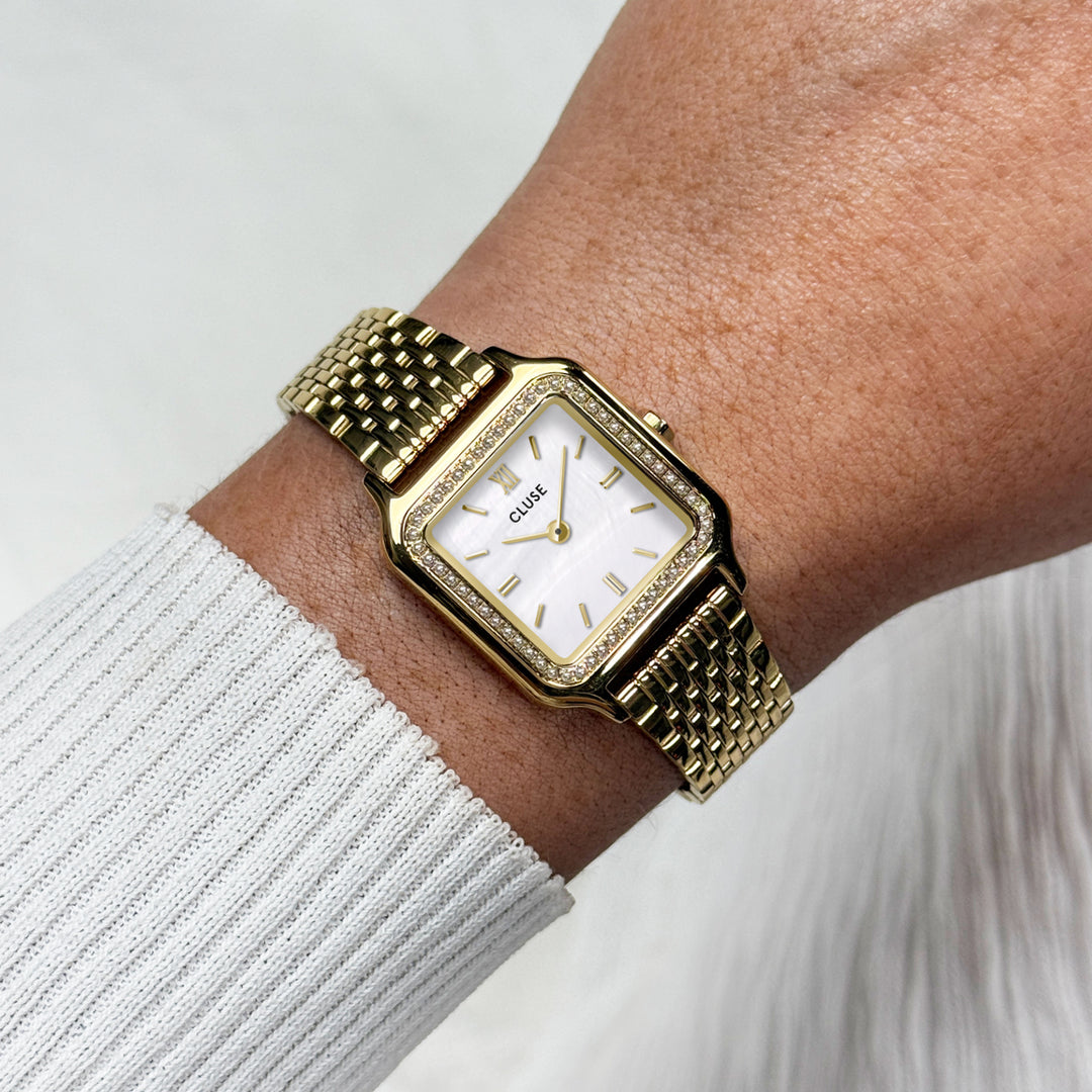 CLUSE Gracieuse Petite Watch Steel, Glass Pearls, White MOP, Gold Colour CW11826 - Watch on wrist