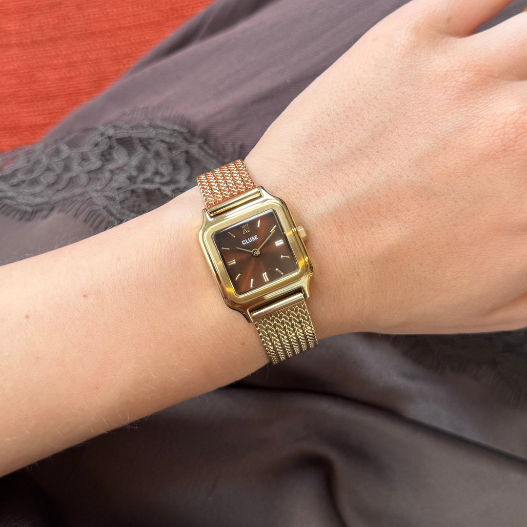 CLUSE Gracieuse Petite Watch Mesh, Brown, Gold Colour CW11830 - Watch on model