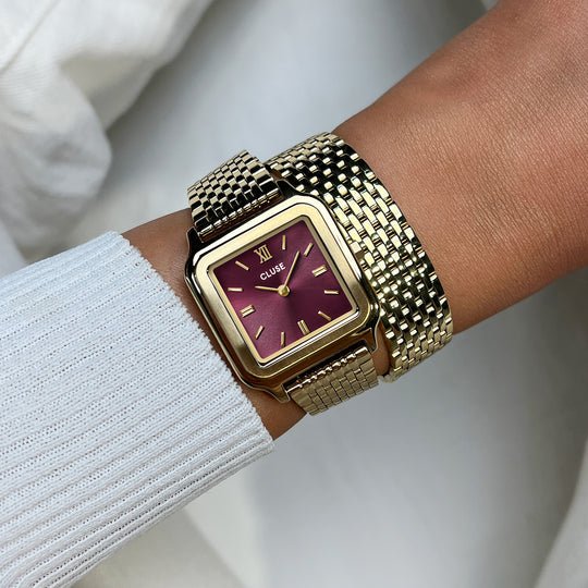 CLUSE Gracieuse Watch Double Steel, Wine, Gold Colour CW11910 - Watch on wrist