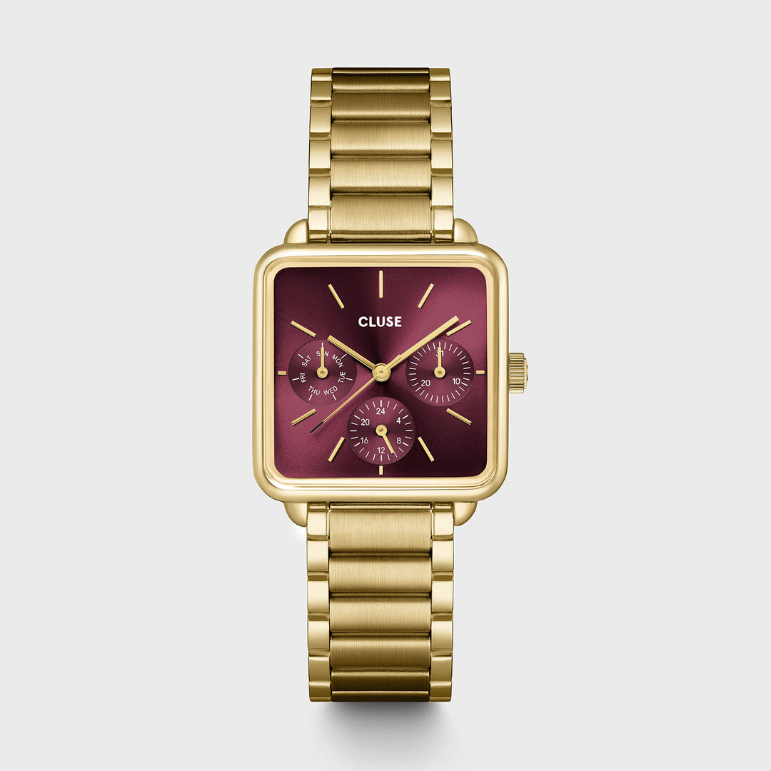 CLUSE Gift Box La Tétragone Multifunction Watch Steel, Dark Cherry & Bead Bracelet, Gold Colour CG13801 - watch