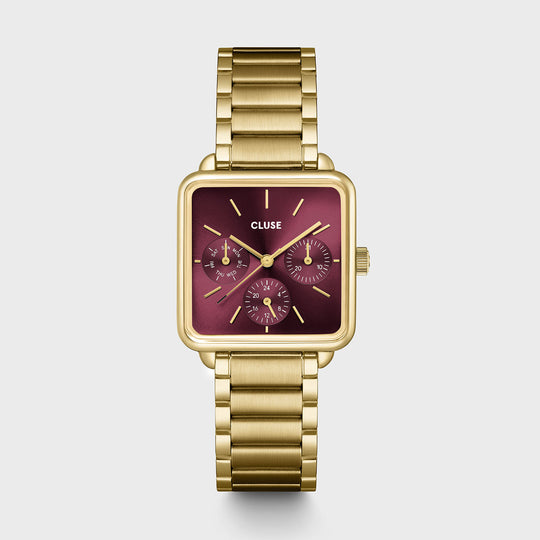 CLUSE Gift Box La Tétragone Multifunction Watch Steel, Dark Cherry & Bead Bracelet, Gold Colour CG13801 - watch