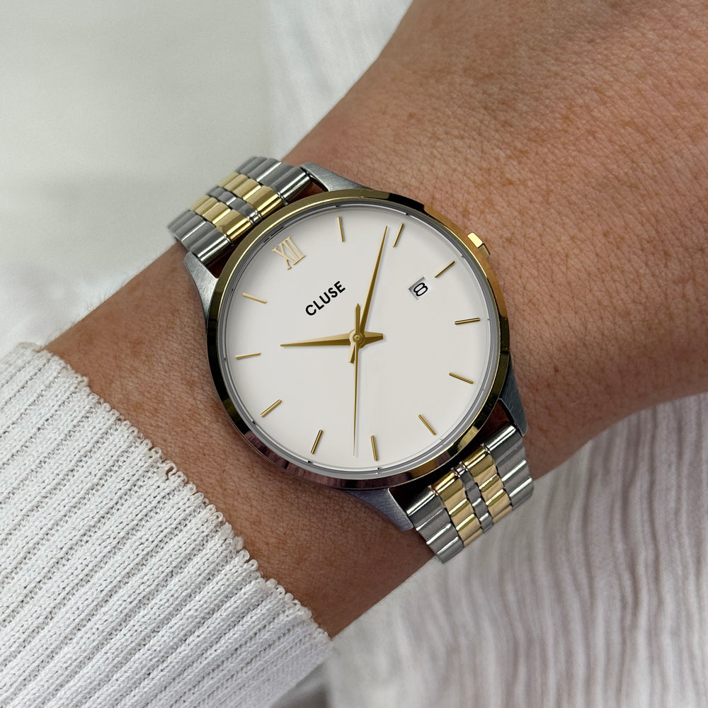 CLUSE Minuit Date Watch Steel, Coconut Milk, Bicolor CW14302 - watch on wrist