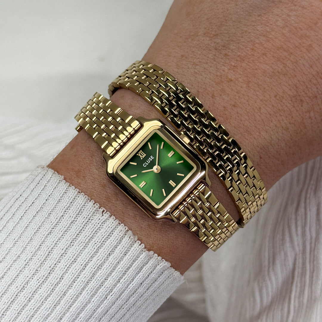 CLUSE Gracieuse Mini Watch Double Steel, Forest Green, Gold Colour CW15504 - Watch on wrist