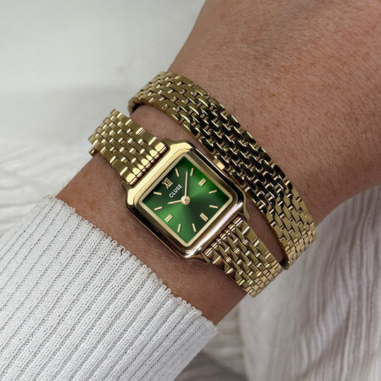 CLUSE Gracieuse Mini Watch Double Steel, Forest Green, Gold Colour CW15504 - Watch on wrist