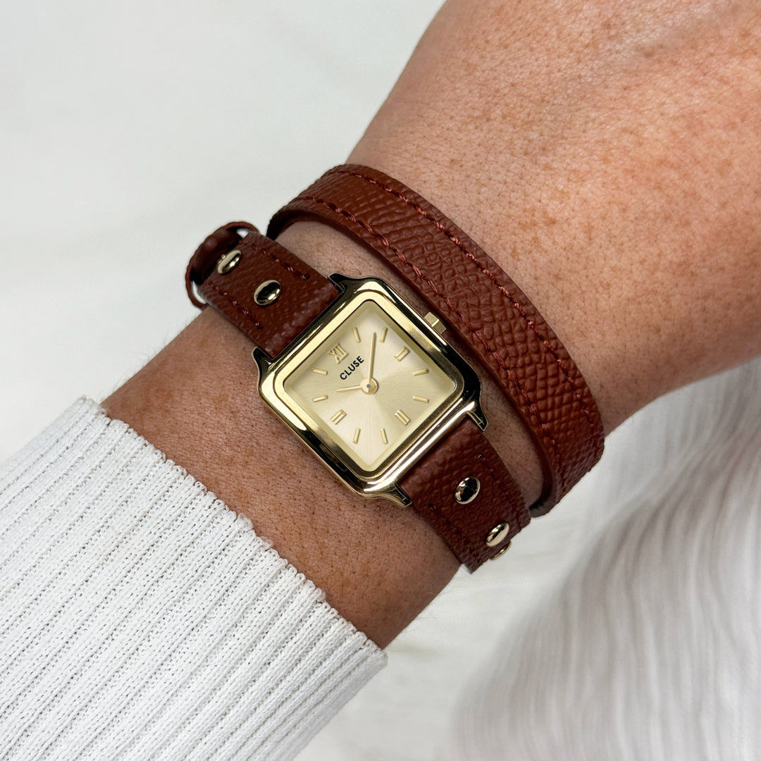 CLUSE Gracieuse Mini Watch Double Leather Nutshell, Studs, Gold Colour CW15507 - Watch on wrist