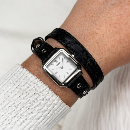 CLUSE Gracieuse Mini Watch Double Leather Black, Studs, Silver Colour CW15508 - Watch on wrist