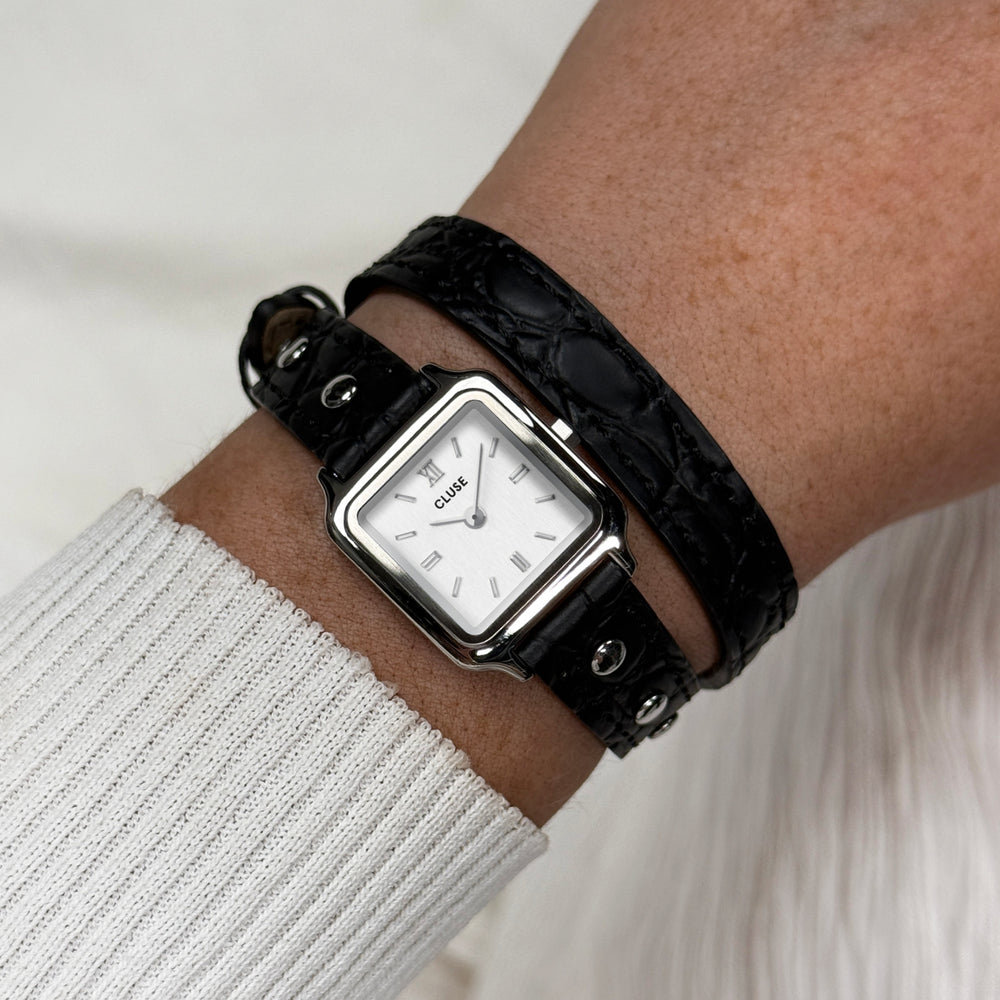 CLUSE Gracieuse Mini Watch Double Leather Black, Studs, Silver Colour CW15508 - Watch on wrist