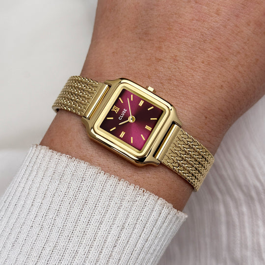 CLUSE Gracieuse Mini Watch Mesh, Dark Cherry, Gold Colour CW15510 - Watch on wrist