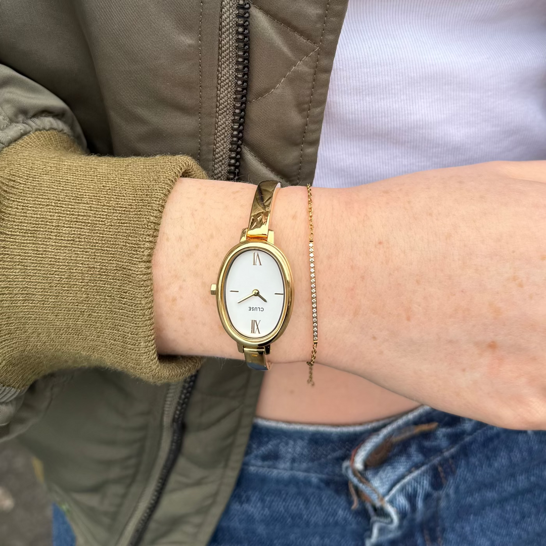 CLUSE Élevé Flat Zirconia Chain Bracelet, Gold Colour CB13383 - Bracelet on model