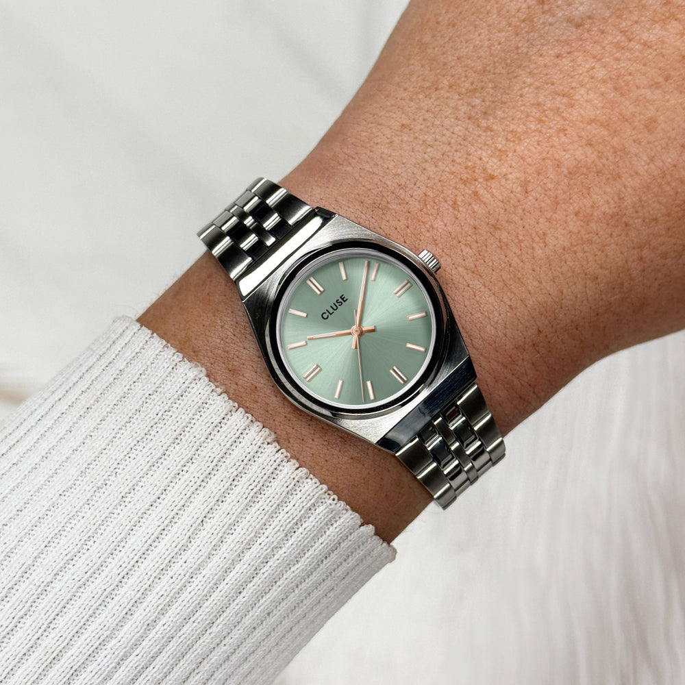 CLUSE Retro 70s Mini Watch Steel, Sage Green, Silver Colour CW16301 - Watch on wrist