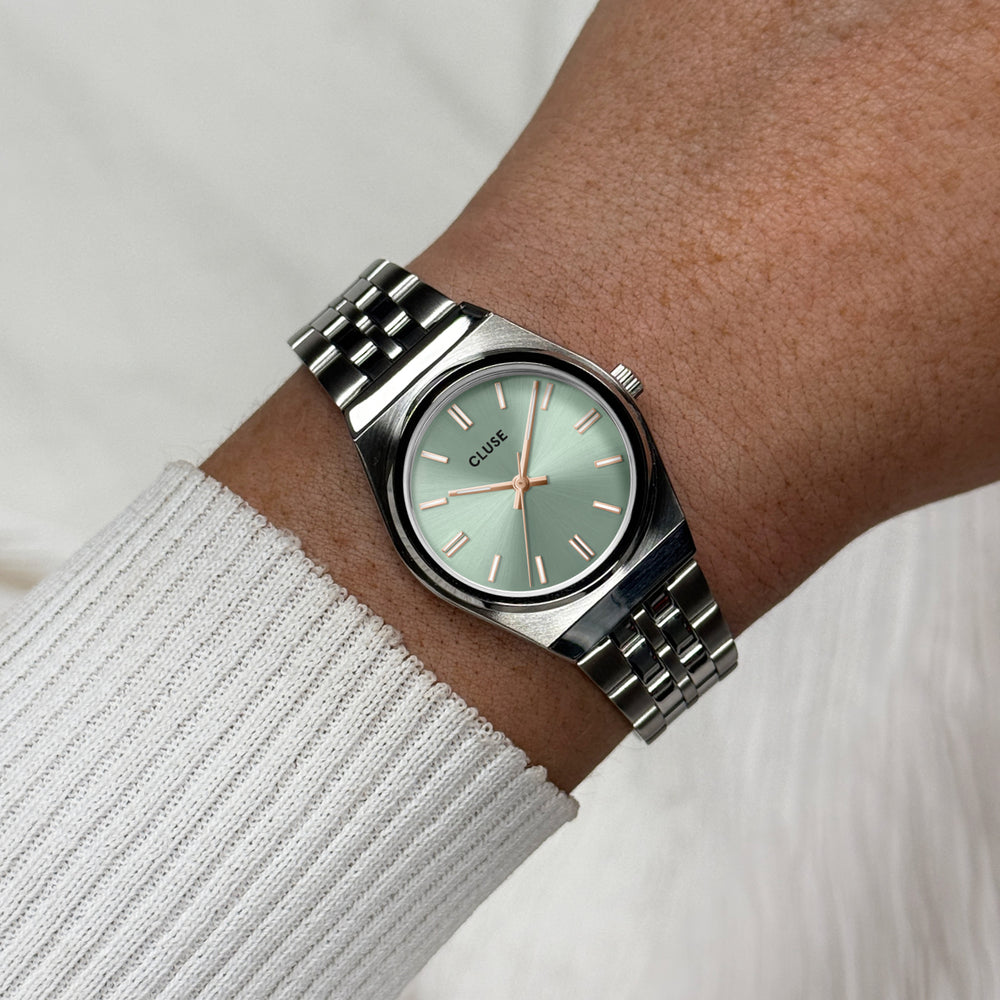 CLUSE Retro 70s Mini Watch Steel, Sage Green, Silver Colour CW16301 - Watch on wrist