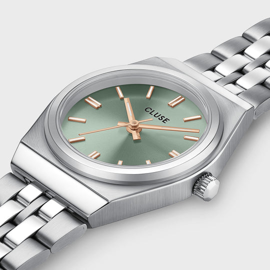 CLUSE Retro 70s Mini Watch Steel, Sage Green, Silver Colour CW16301 - Watch case details