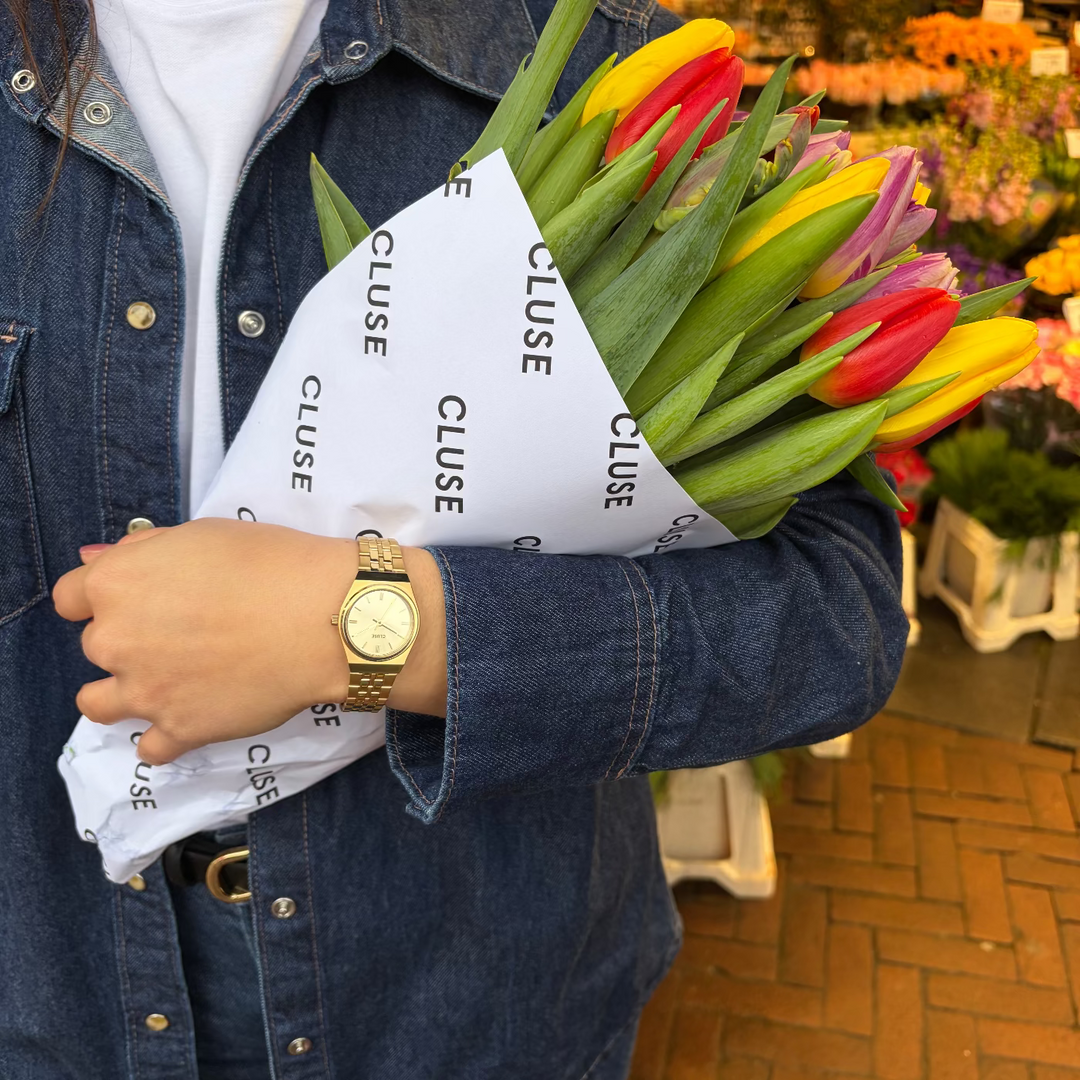 CLUSE Retro 70s Mini Watch Steel, Full Gold Colour CW16302 - Watch on model